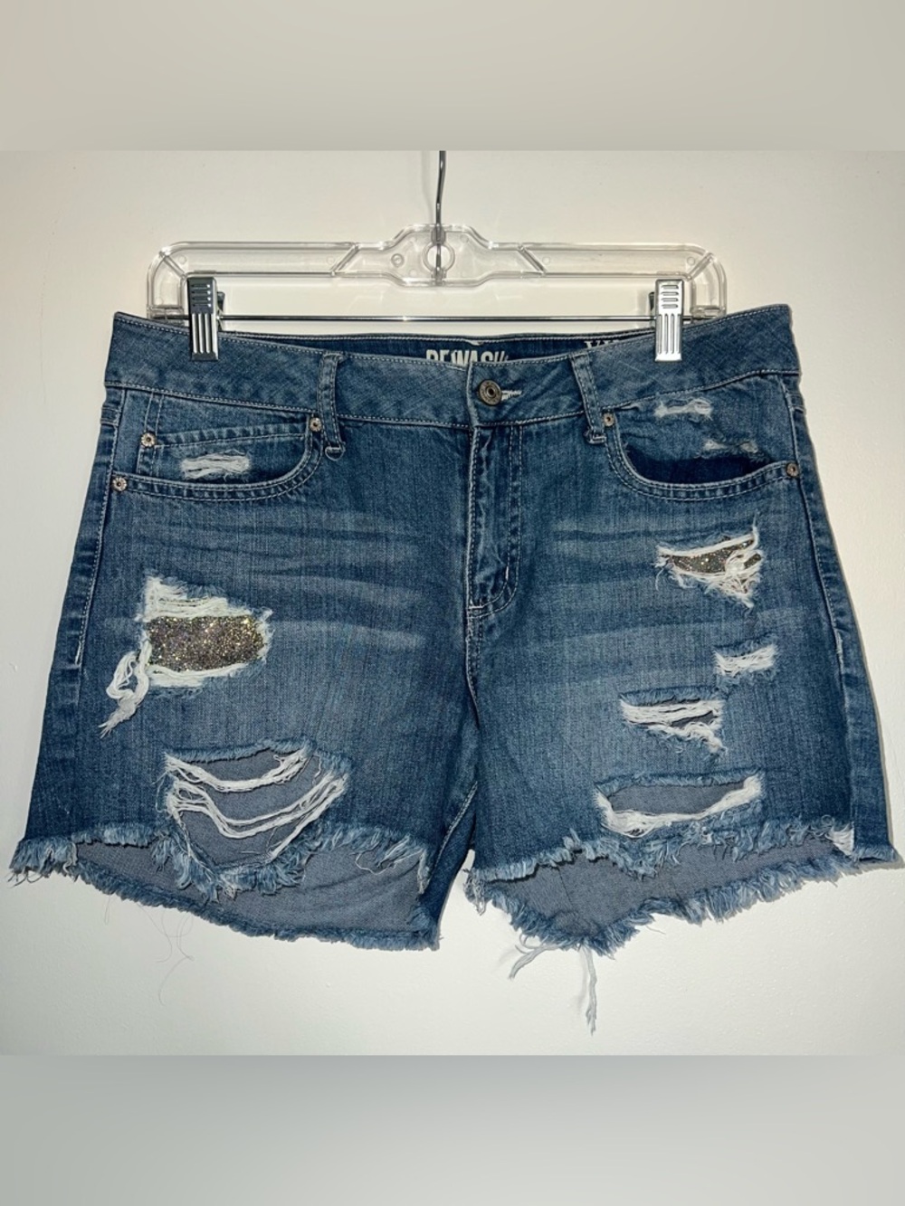 Rewash Distressed Jean Shorts with Glitter Inset and Frayed Hem